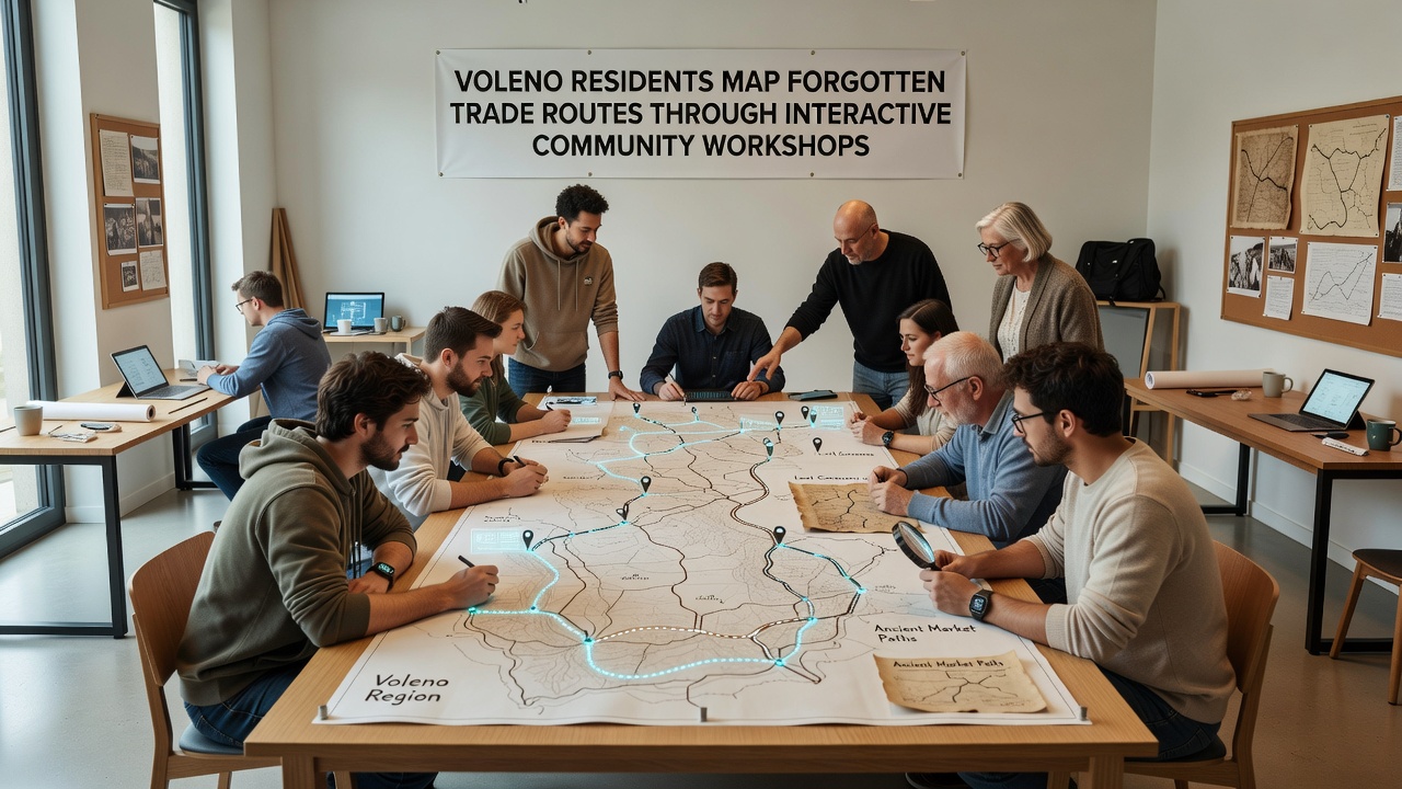 Detailed view of participants marking trade route segments on a digital map during a Voleno workshop