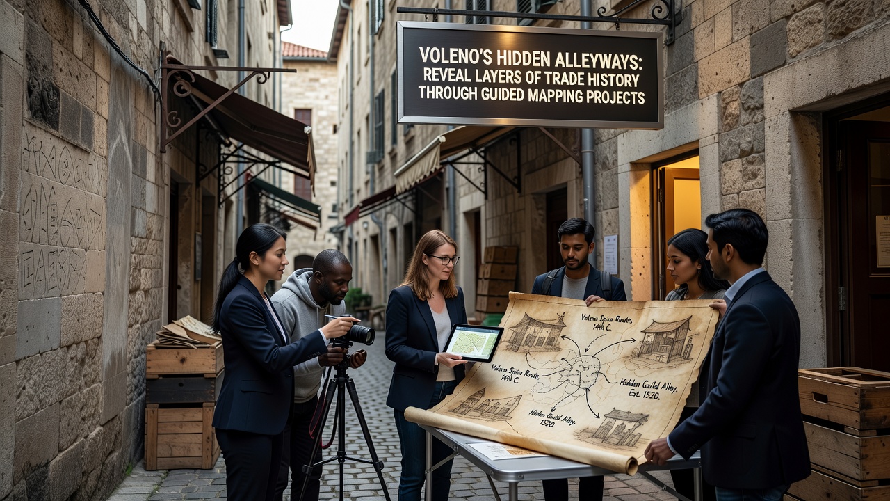 Researchers using mapping equipment in a Voleno alleyway with stone walls and trade route indicators