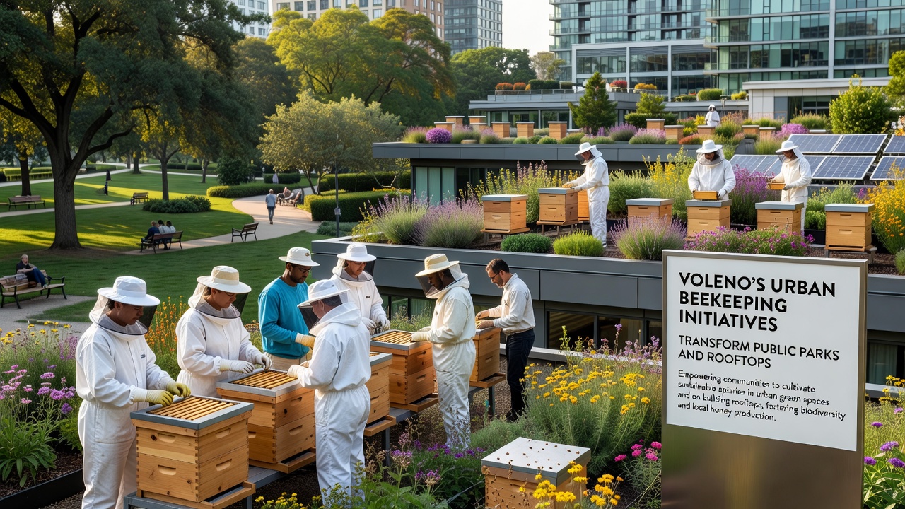 Rooftop beehives overlooking Voleno city skyline with beekeepers performing maintenance